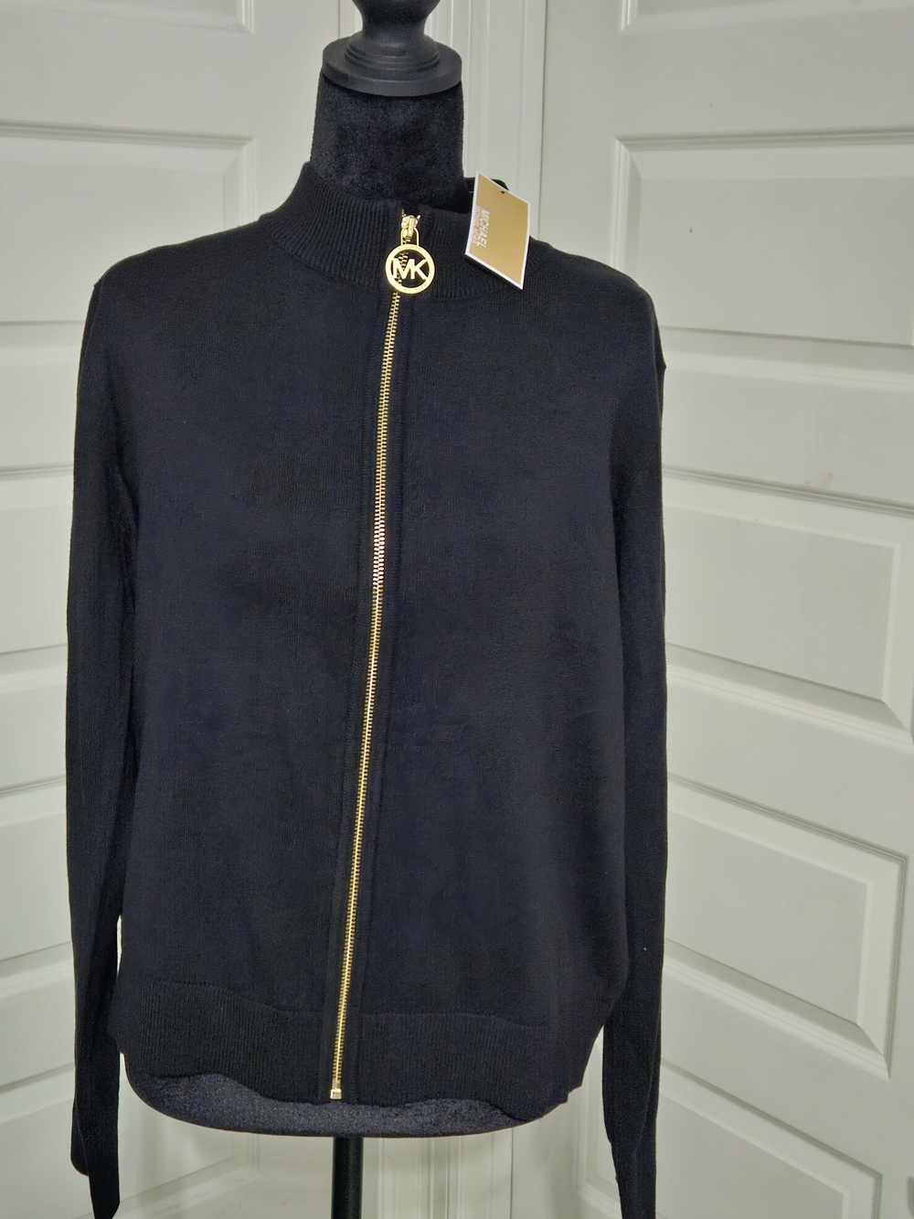 Michael Kors Black Knit Bomber Jacket with Gold MK Zip